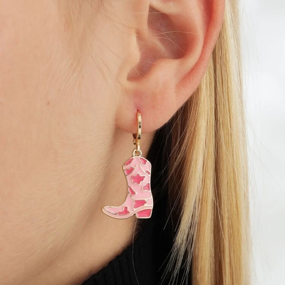 Pink Cow Print Cowgirl Boot Earrings - Picture 2 of 4